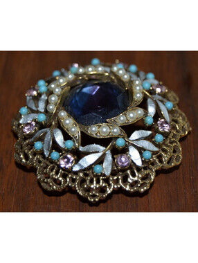 Vtg FLORENZA Domed Brooch Faceted Stone/Faux Pearls/Pink Crystals/Faux Turquoise